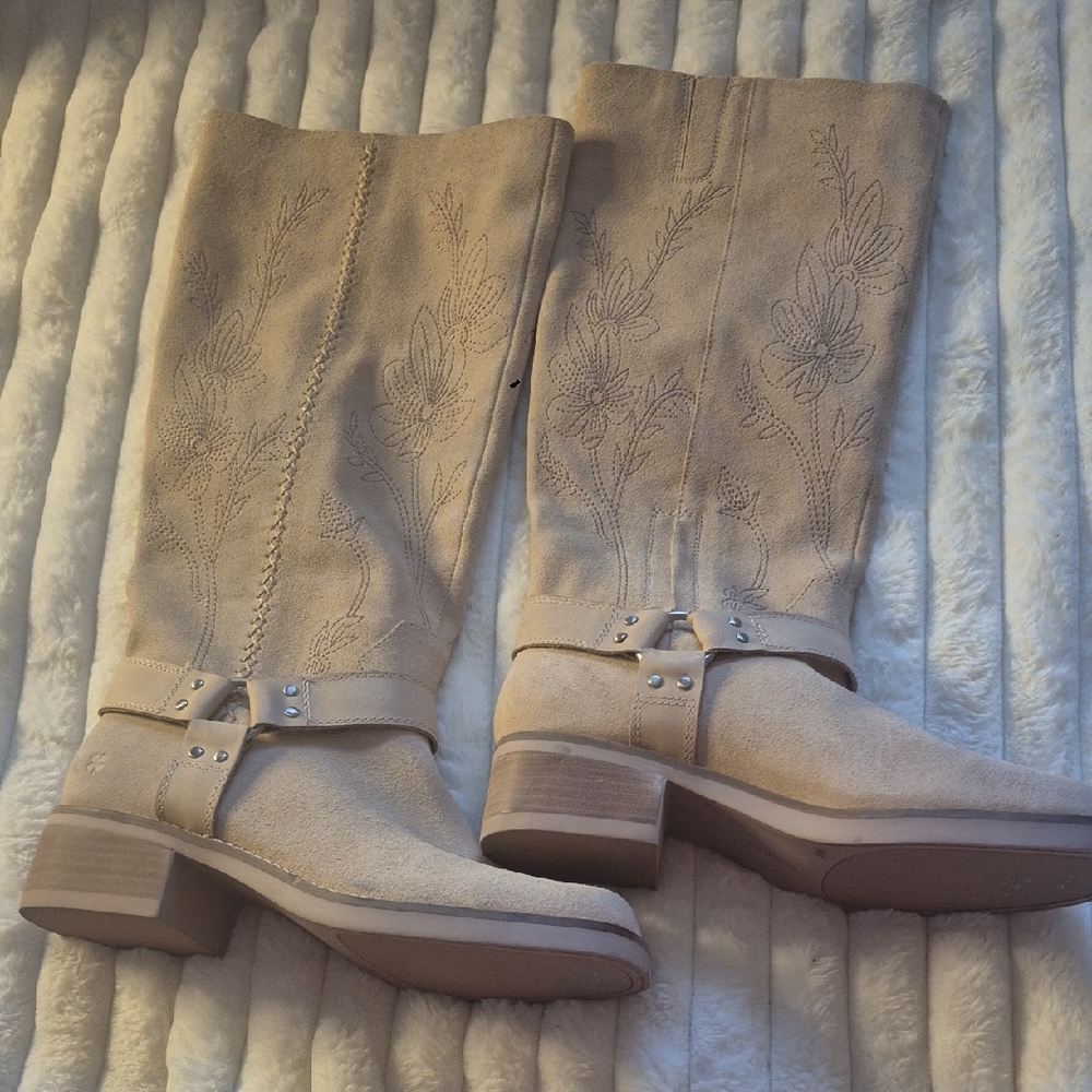 Lucky Brand Women's Beige Suede Embroidered Mid-Calf Boots